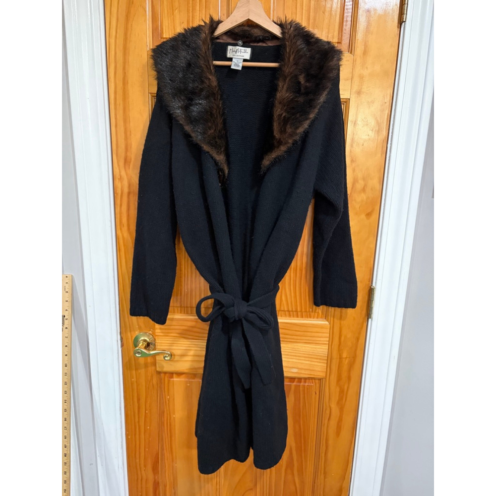 Mary McFadden Collection Black Lambswool Faux Fur Collar Belted Cardigan Coat 1X